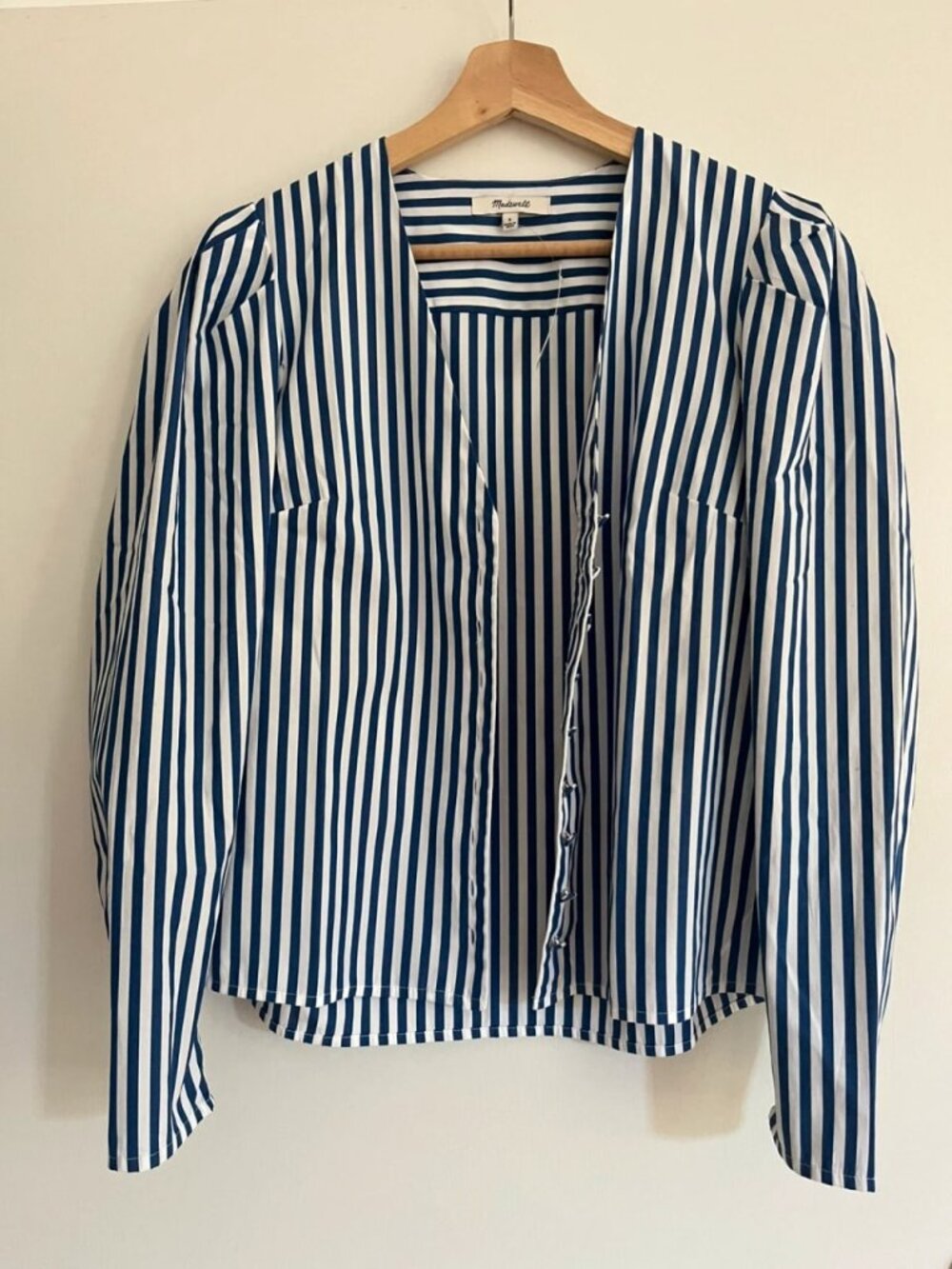 Blue & White Striped V-Neck Blouse Size S